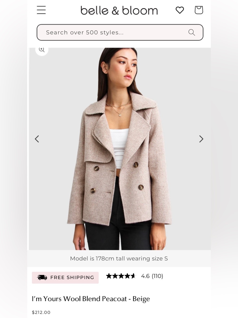 NWT Belle & Bloom Wool Double-Breasted Peacoat Jacket in Taupe